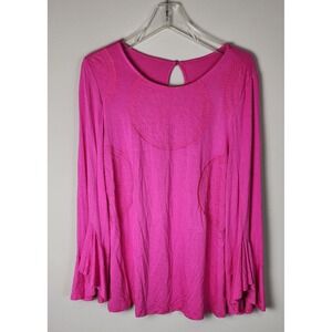 Pink Long Sleeve‎ Top Bell Sleeve Crochet Details Women's Blouse